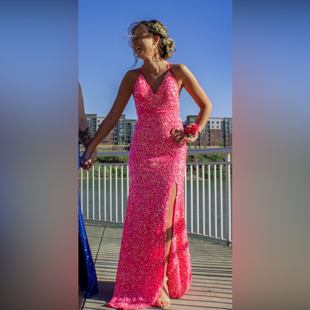 Aleta Pink Sequin Prom dress. Includes train, adjustable straps and slit.